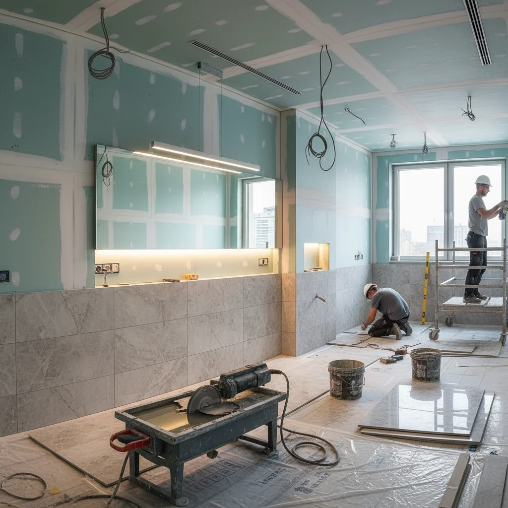 Baño moderno con pladur hidrófugo instalado - Reforma profesional