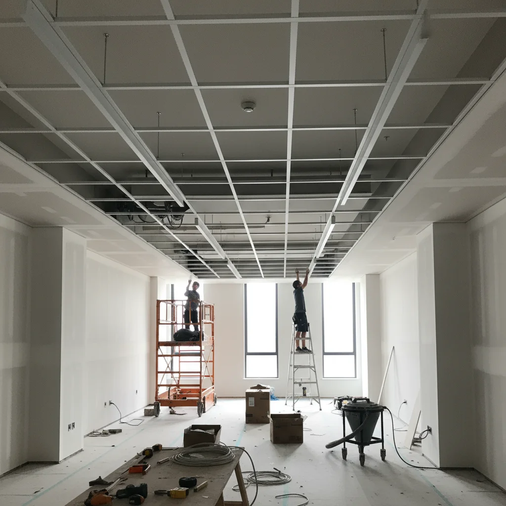 Falso techo de pladur hidrófugo en baño con iluminación LED